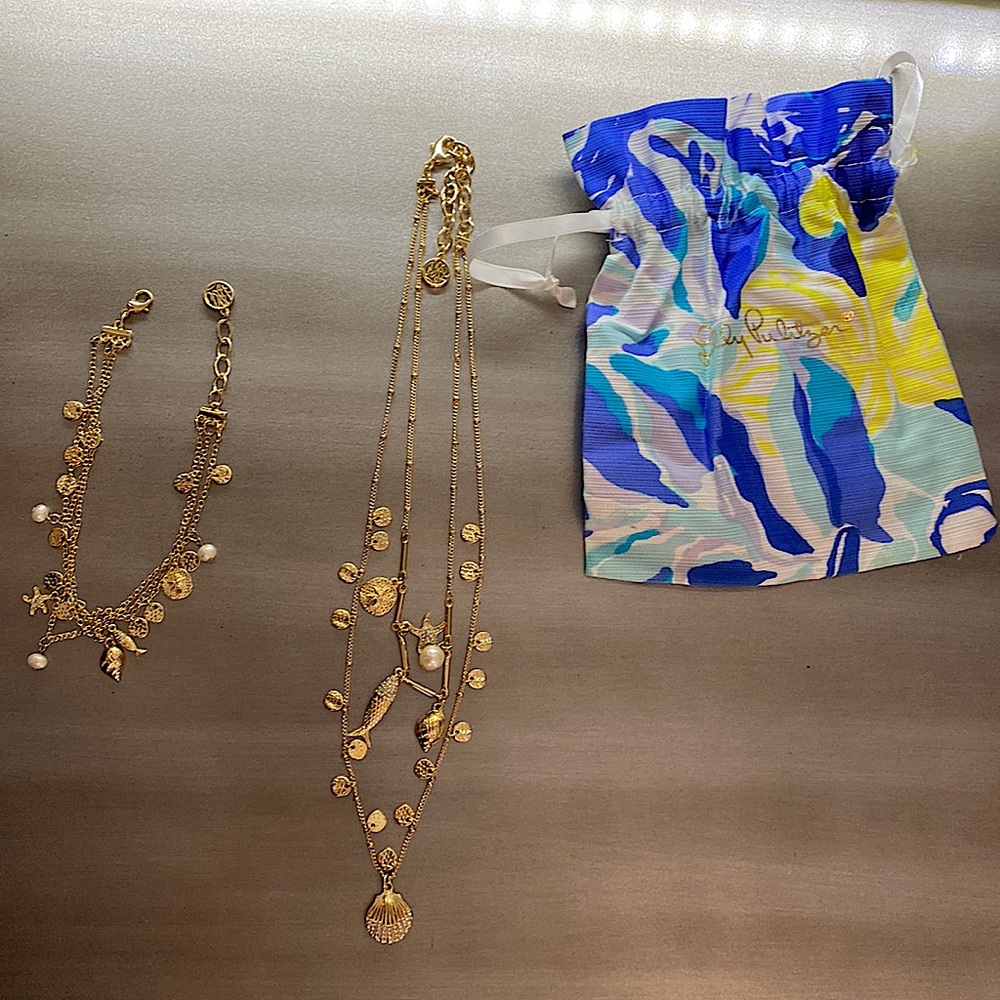 Lilly Pulitzer Gold Layered Shell Necklace and Anklet Set